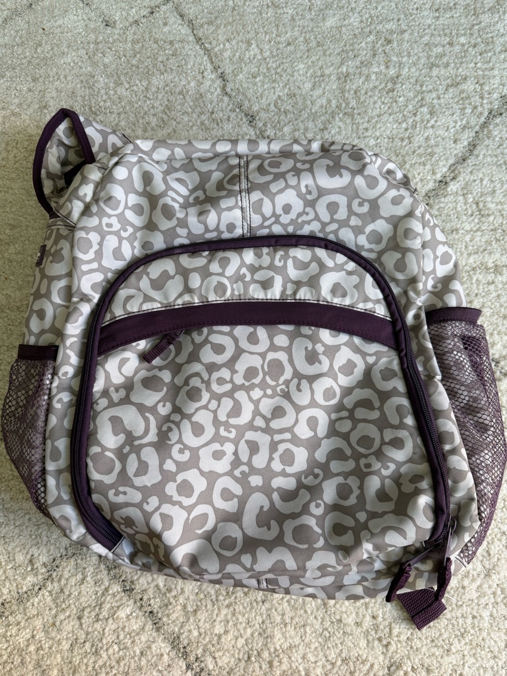 Thirty-One Leopard Print Backpack with Plum Trim